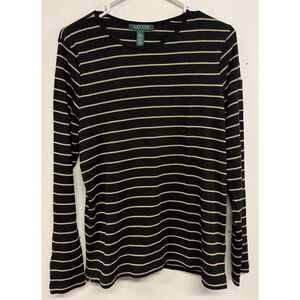 Lauren Ralph Lauren Womens Black Gold Metallic Striped Long Sleeve Top Large